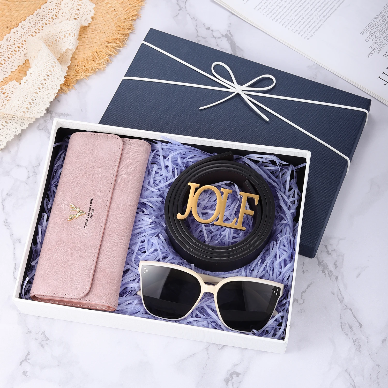 Personalized Men's and Women's PU Wallet PU Belt Leather Buckle Glasses Three-Piece Gift Box, The Best Choice for Sending Lovers
