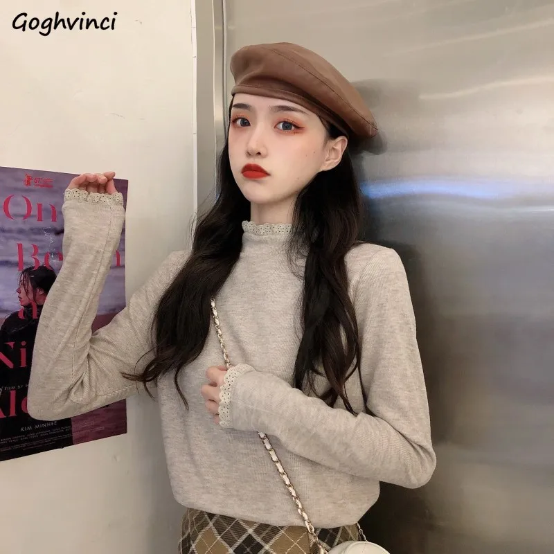 

Women Pullovers Plus Velvet Thicker Lace Patchwork Mock Neck Winter Warm Simple Knitted Jumpers Korean Style Leisure Elegant New