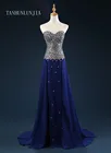 Ярко-синие кристаллы Выпускные платья 2021 трапециевидной формы Нарядное платье без рукавов с карманами и вырезом сердечком, с отделкой бисером атласная длинное торжественное даже