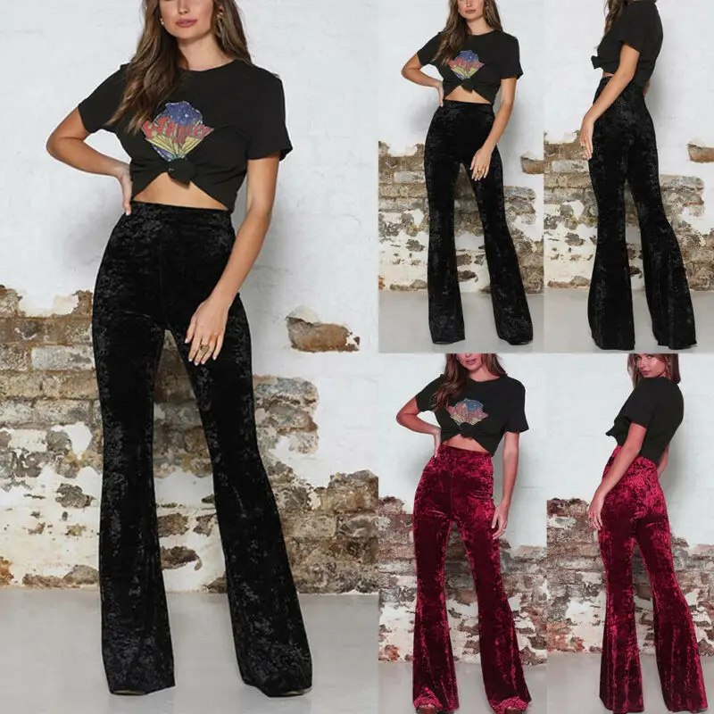 

Baggy pants Elegant plus size pants Fashion Women High Waist Gold Velvet Bell Bottom Stretch Wide Leg Pant Trousers ropa mujer