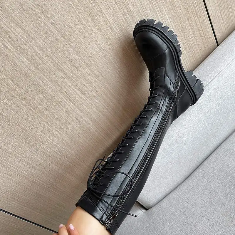 Online Sepatu Bot Krazing Pot Kulit Sapi Berkendara Ksatria Ujung Bulat Musim Dingin Diikat Silang Tetap Hangat Merek Dasar Med Heels Sepatu Bot Setinggi Lutut Tampan