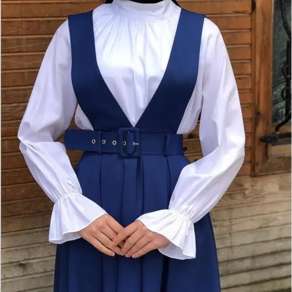 white shirt Модная юбка с высокой талией на лямках, женские мусульманские плавки, большие качели, длинные юбки с ремнем вечерние Рамадан, мусульманская одежда на Ближнем Востоке - Цвет: white shirt