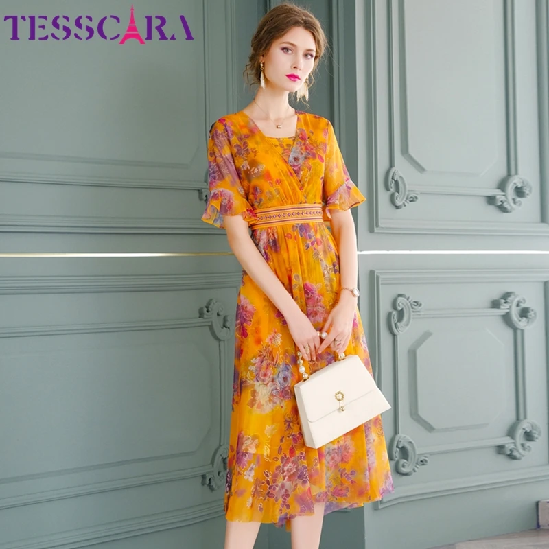 Женское летнее элегантное Сетчатое платье TESSCARA высококачественное вечернее с V