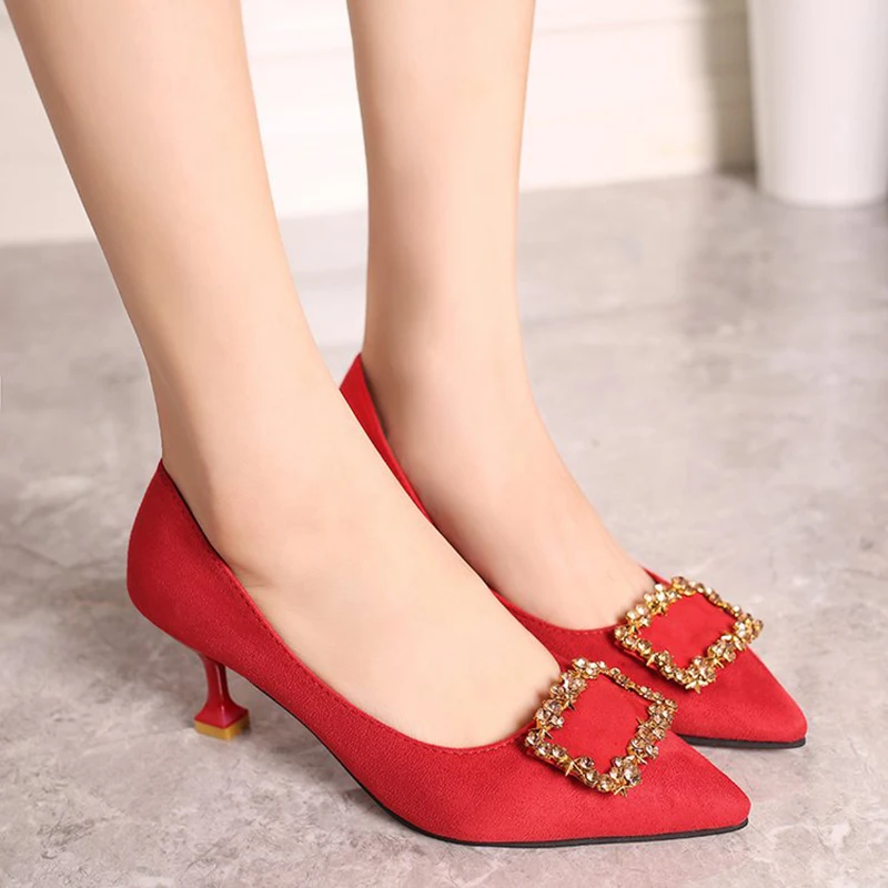

Women's Shoes High Heel 6cm Shallow Mouth Pointed Metal Square Buckle Black Work Shoes Stiletto Suede Fashion Simple Single Shoe