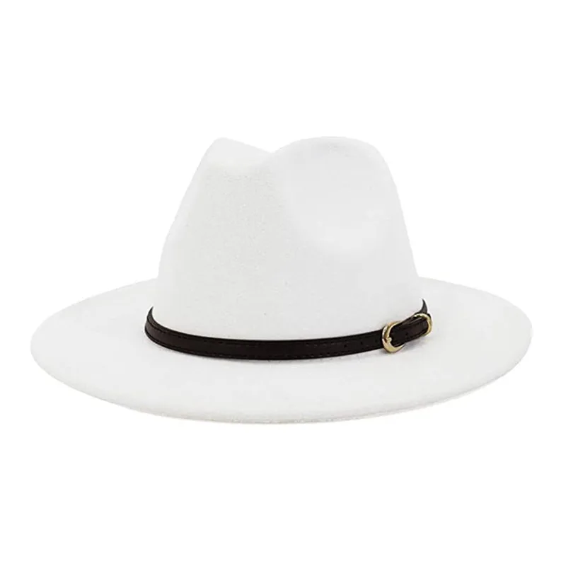 

Женская белая фетровая шляпа с цветной пряжкой и ремнем