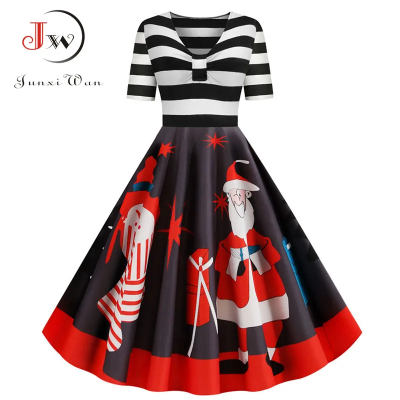 Полосатые женские рождественское платье размера плюс с короткими рукавами