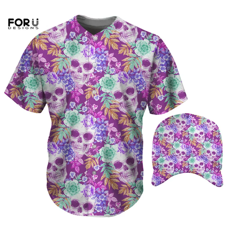 

FORUDESIGNS/футболки для мужчин с короткими рукавами и кепками, гавайский череп, тропический цветок, принт на пуговицах, футболка Camisetas Hombre Verano