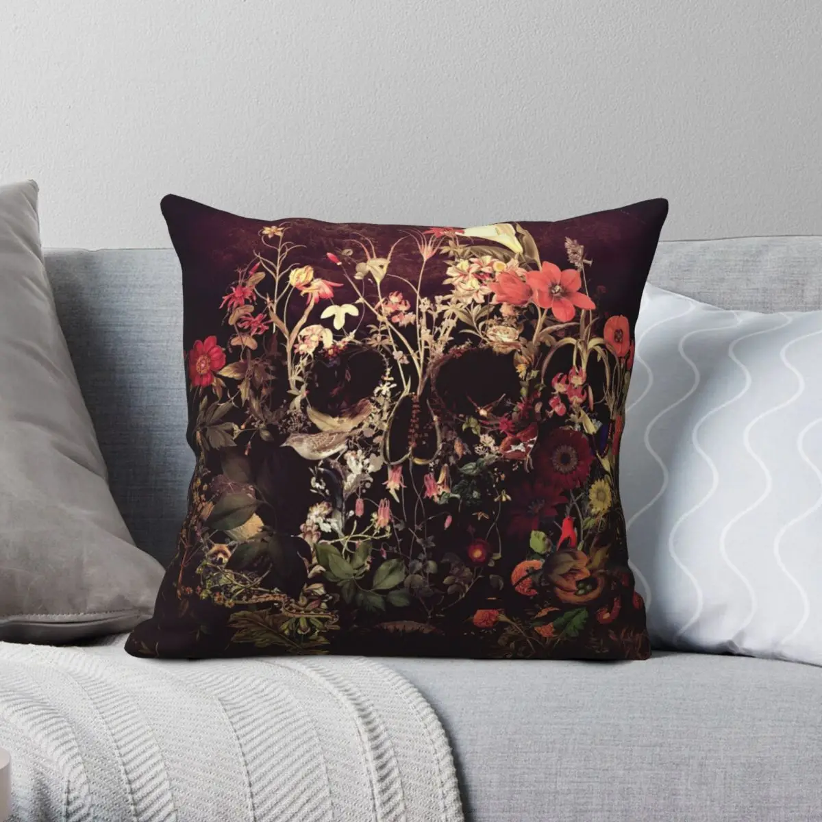 

Квадратная наволочка с изображением цветущего черепа из полиэстера и льна