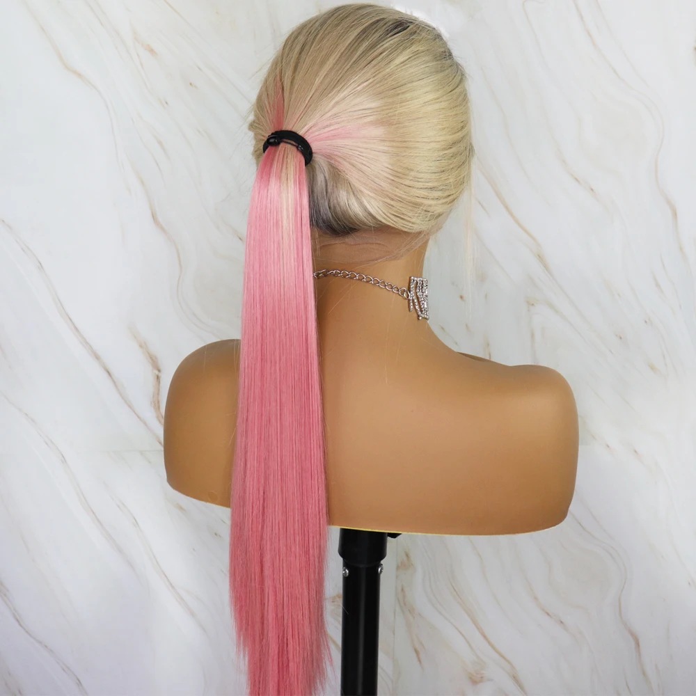 

YYsoo3T Color Futura Synthetic Full Lace Wigs for Women Silky Straight High Ponytail Wig With BabyHair#1/613/Pink Ombre Lace Wig