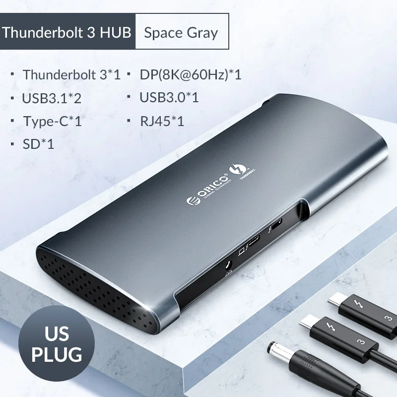 US Plug Space Gray Док-станция ORICO Thunderbolt 3 концентратор USB Type C-DP USB 3,0 концентратор адаптер RJ45 SD4.0 USB-C конвертер 40 Гбит/с для MacBook Pro Air huawei - Цвет: US Plug Space Gray