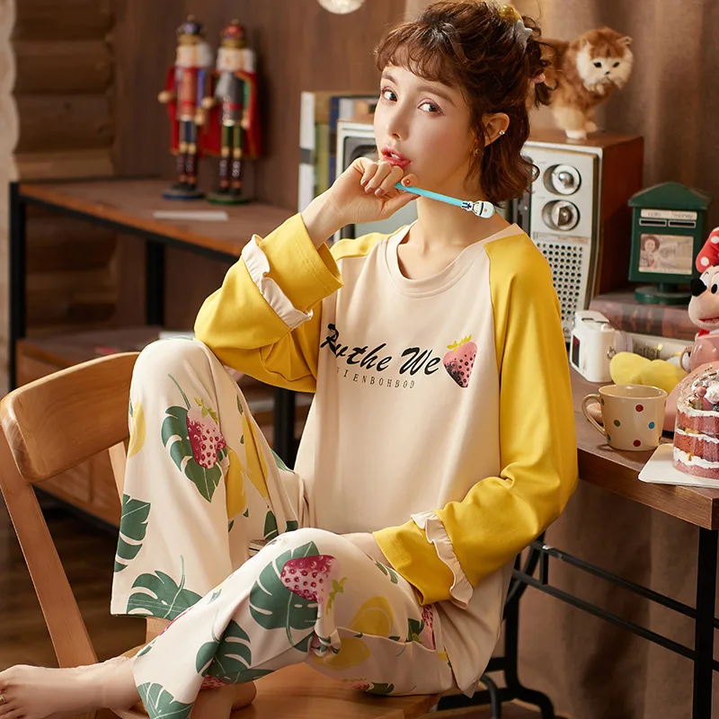 New Large Size Long Sleeve Pajamas Sets Women Nightgown Spring Autumn Cotton Lovely Cartoon Leisure Home Wear Sleepwear Suit