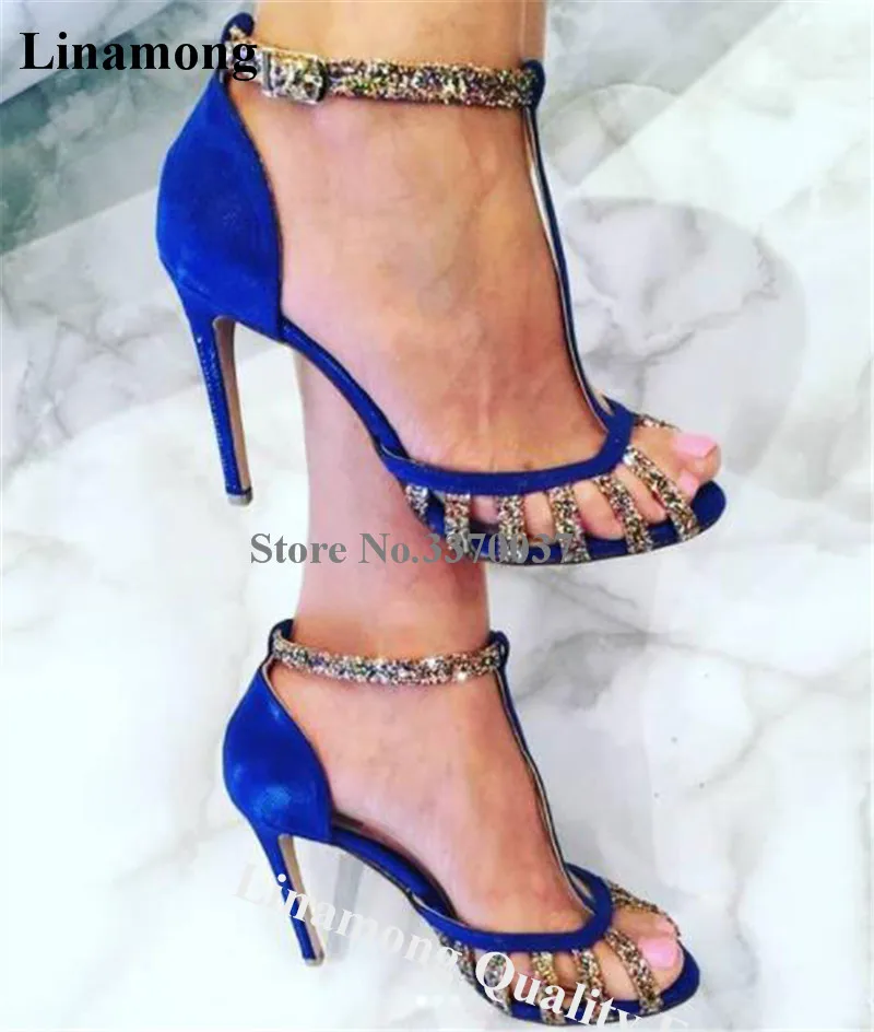 

Linamong Bling Bling Sequined Straps Stiletto Heel Gladiator Sandals Blue Glitters Patchwork High Heel Sandals Club Shoes