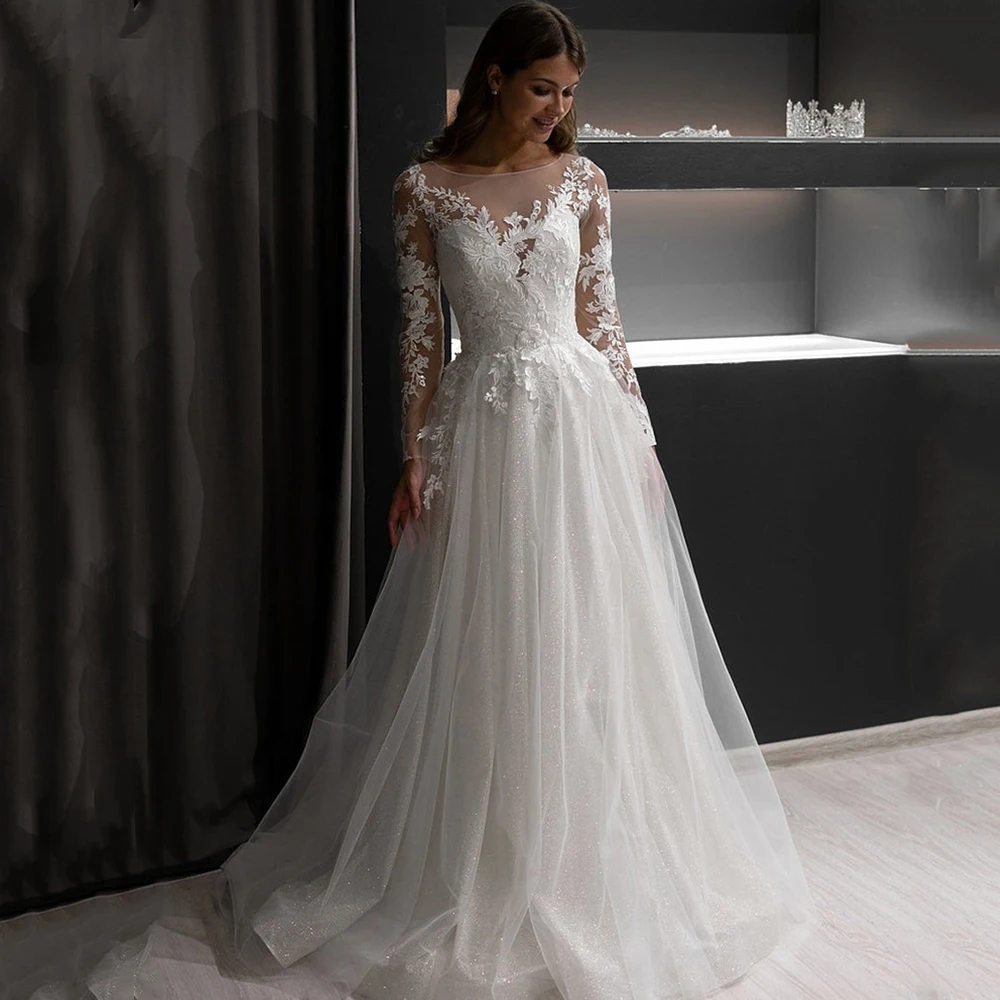 

A Line Plus Size Wedding Dress Tulle V-Neck Long Sleeve Lace Applique Button Sweep Train Bridal Gowns 2021 Vestidos De Noivas