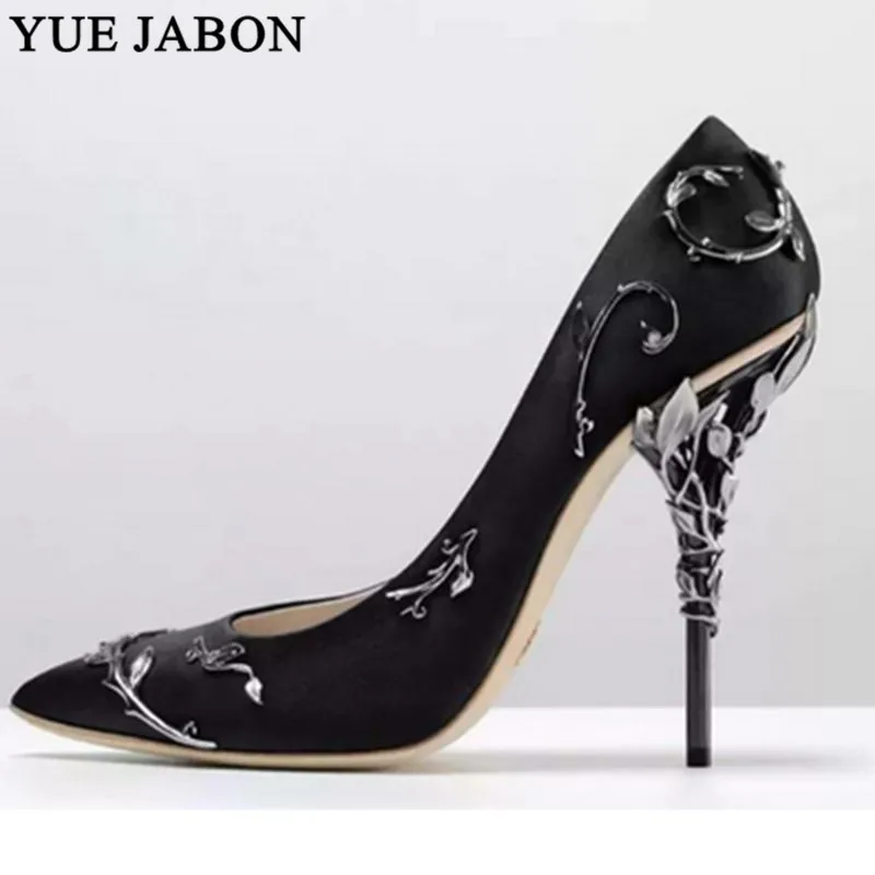 Золотые атласные шелковые женские туфли-лодочки с листьями пикантные туфли на