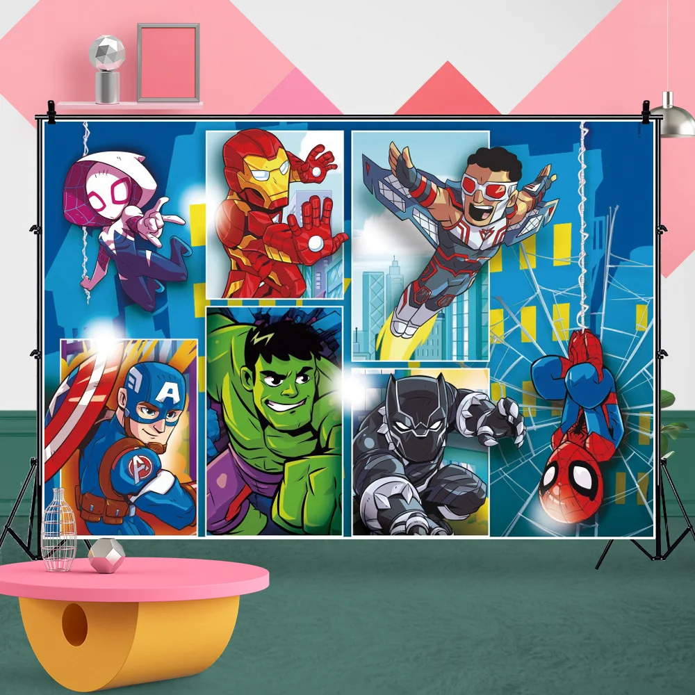 Fondo de cumplea&ntilde;os de Los Vengadores para ni&ntilde;os, tel&oacute;n de fondo de tela de superh&eacute;roes para beb&eacute;s, decoraciones de fiesta, fotograf&iacute;a personalizada, p&oacute;ster, fotos-3