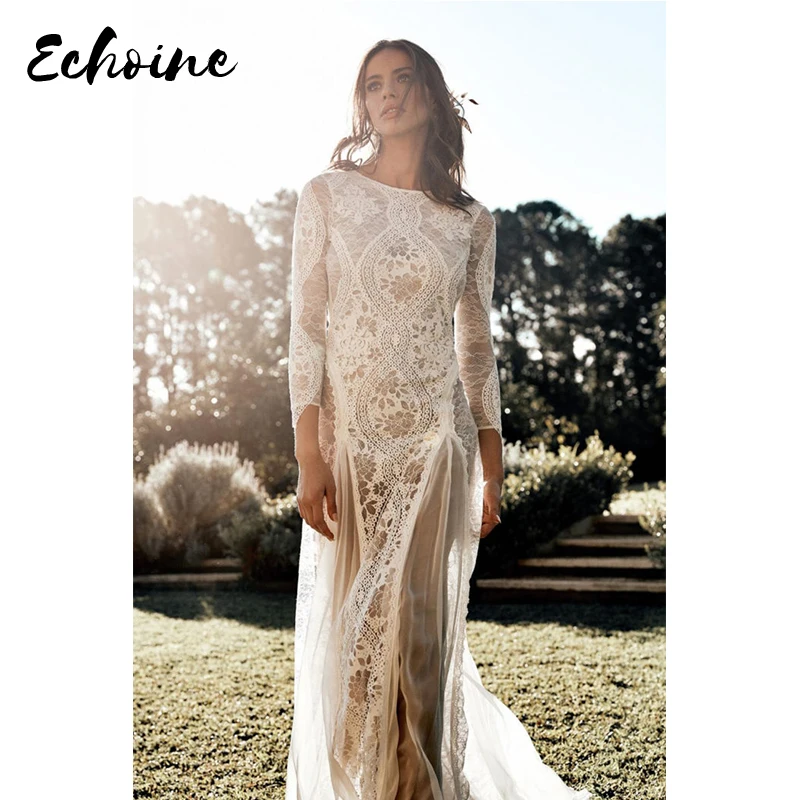 Echoine свадебное платье с длинным рукавом и цветочным кружевом женское сексуальное