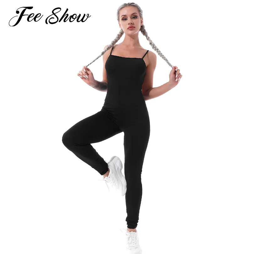 Черный женский летний цельный спортивный комбинезон трико Комбинезоны на