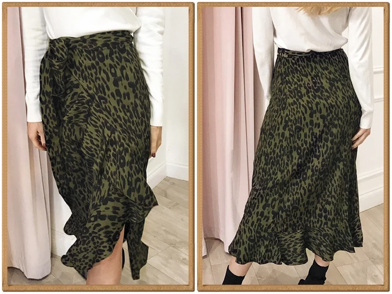 BeAvant Elegant leopard print women maxi skirt High waist ruffled asymmetrical female long skirt Side bow tie autumn lady skirts