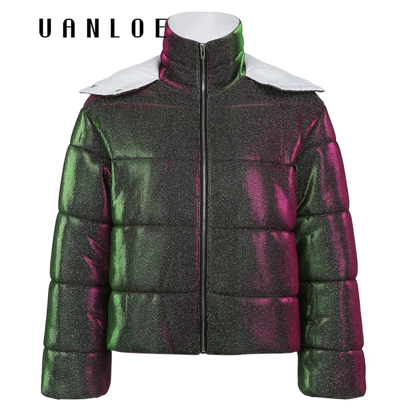 

UANLOEGlitter Светоотражающая куртка-парка куртки Уличная теплая Осенняя женская обувь зимняя обувь со съемным капюшоном, толстое пальто повседн...