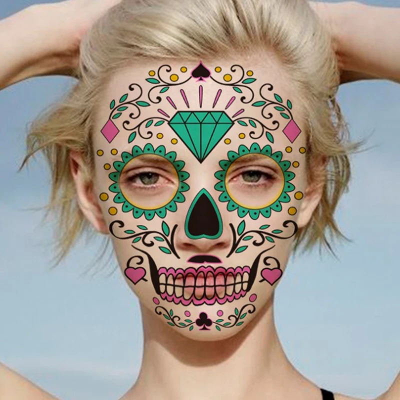 1 Sheet Halloween Waterproof Temporary Tattoo Sticker Facial makeup Special Face Day of The Dead Skull dress up | Красота и здоровье
