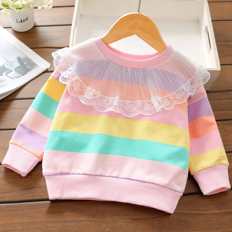 Свитер для девочек в радужную полоску осенний Новый стиль полосатый кружевной