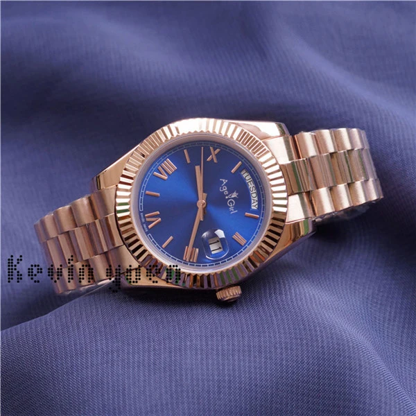 Rose Gold Blue Роскошные брендовые новые мужские часы DAYDATE из желтого розового золота, часы на день, дата, президент, автоматические механические часы Roma, серебристый, черный, зеленый, синий, 41 мм - Цвет: Rose Gold Blue