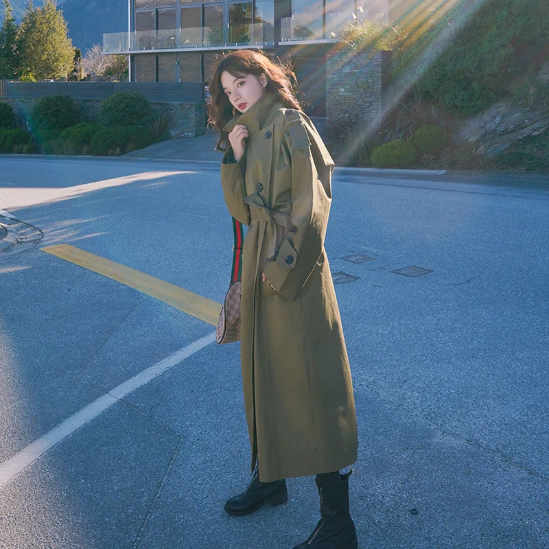 Женский двубортный Тренч армейского зеленого цвета офисный дамский плащ