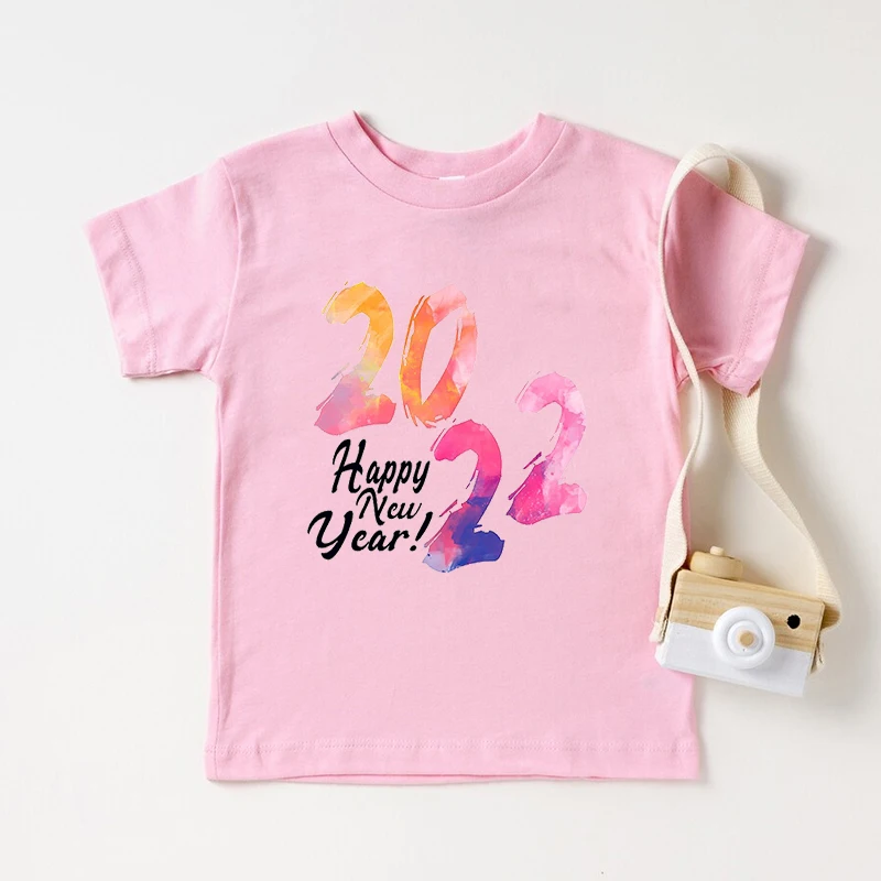 

Kids Casual Pink Tops Tee 2022 Happy New Year Letters Graphic Printed Children T-shirt Boys Girls Fashion Short Sleeve Tshirts