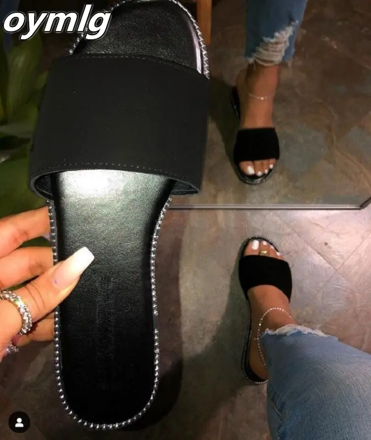 

oymlg Summer Flat Slippers New Concise Brand Decorating Border Slippers Women Daily Casual slip-on Shoes Woman