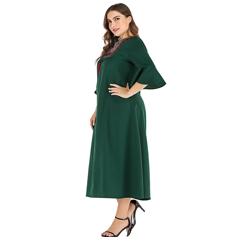 Женское этническое платье с вышивкой элегантное зеленое трапеция размера плюс