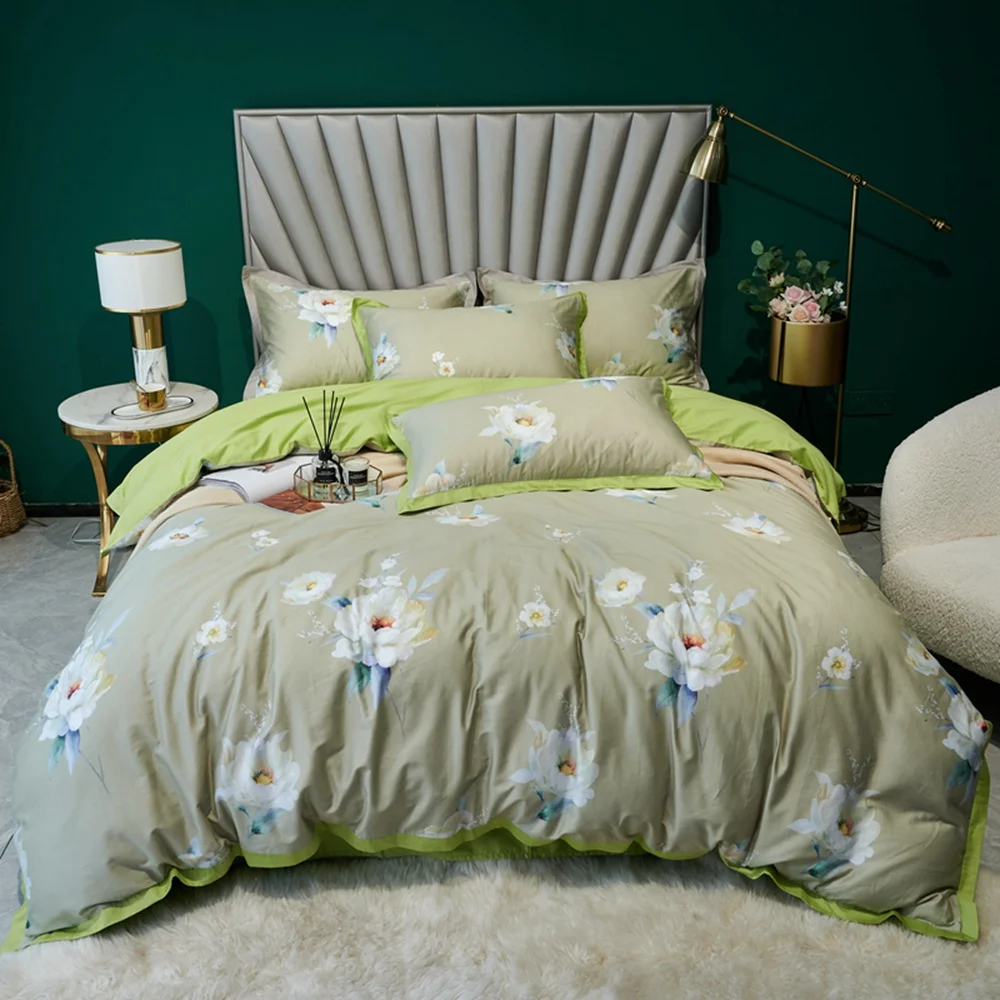

Luxury yellow Bedding set 100% Egyptian cotton bedclothes floral flower print satin girl duvet cover queen king size hometexitle
