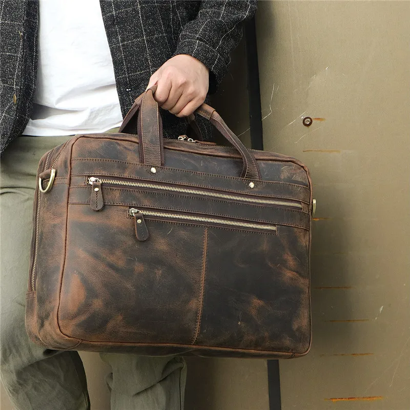 

Nesitu Big Brown Genuine Crazy Horse Leather 15.6'' 17'' Laptop Executive Men Briefcase Travel Messenger Bag Portfolio M7389