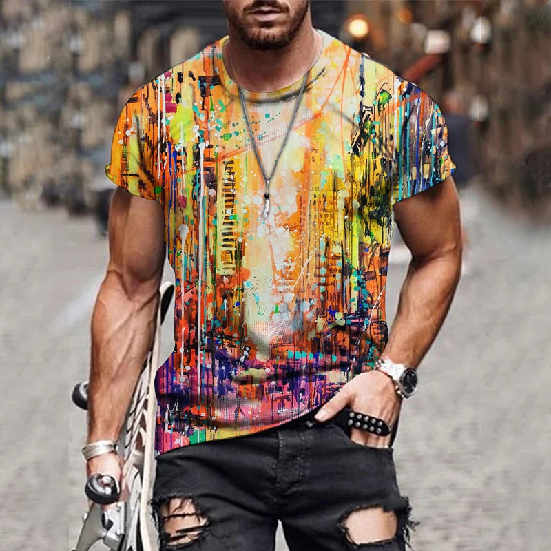 

New Design Men's Skateboard T-shirt Street Trend Short Sleeve Top 3d Printed Round Neck T-shirt Graffiti Color Tees Asian Size