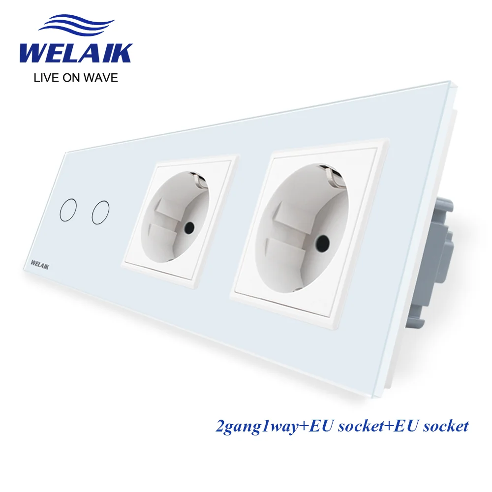 Welaik бренд 3 Рамки Кристалл Стекло Панель настенный выключатель ЕС сенсорный выключатель розетки 2gang1way AC110 ~ 250 В a39218e8ecw /b