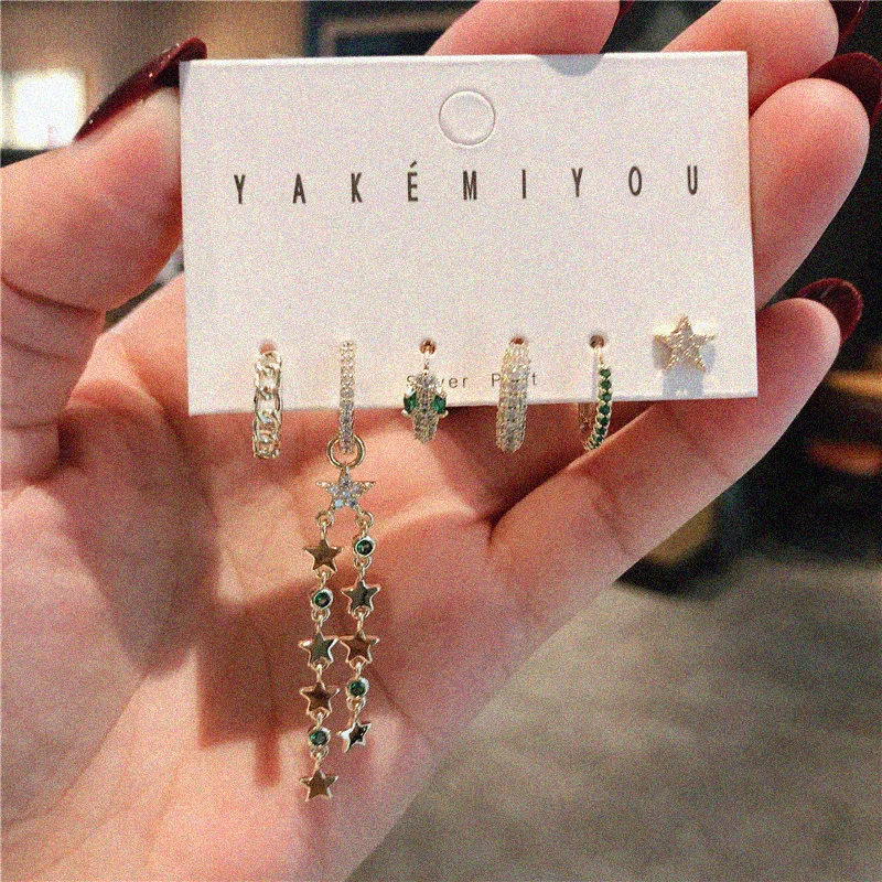 

New Inlaid With Shining Green Zircon Cute Snake Earrings Five-Pointed Star Tassel Earrings 6Pcs/Set For Charm Women Jewelry Gift