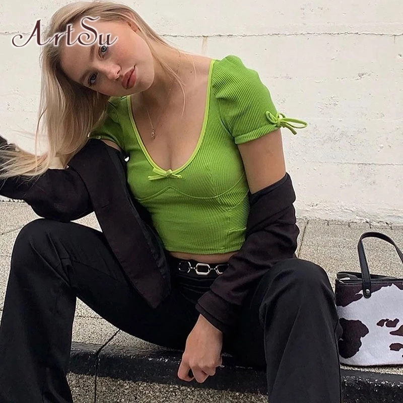 Кроп Топ женский вязаный неоново зеленый в обтяжку|Футболки| |