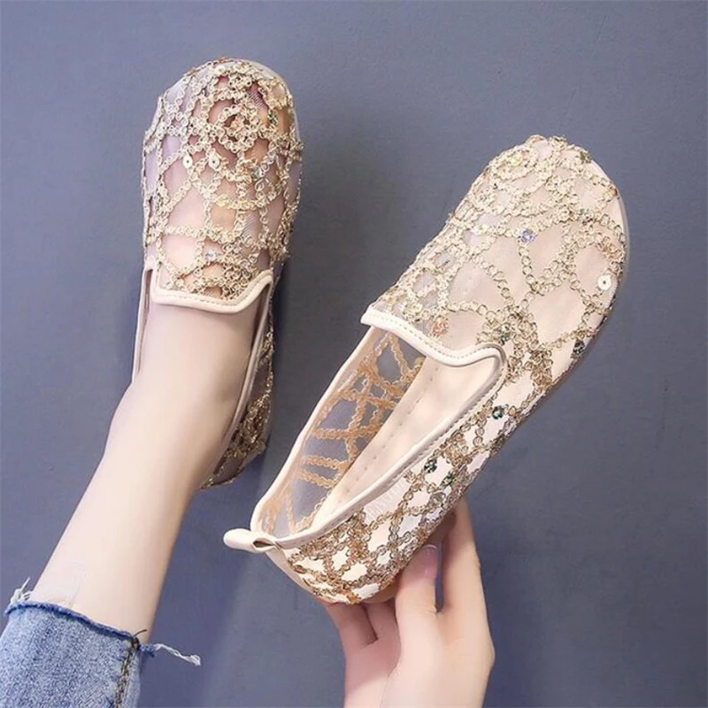 

2021 Summer New Women Flats Shoes Fashion Crystal Mesh Breathable Female Shoes Leisure Rhinestone Slip Through Flat Women Shoes