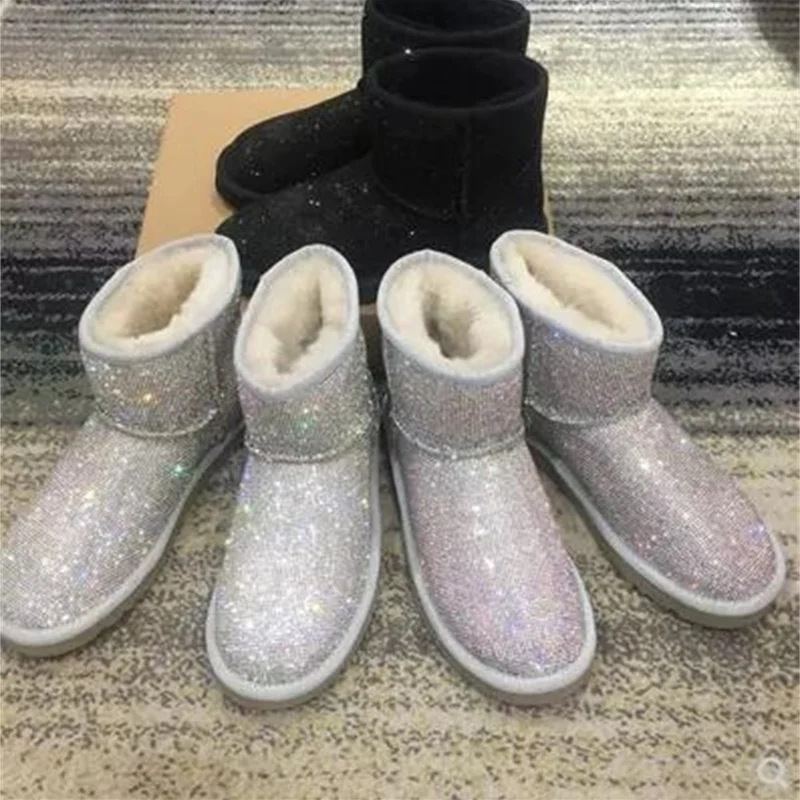 

2021 New European Station Net Red Star The same paragraph Rhinestone Leisure Wool Trifle Thick-bottomed short boots Lace Sticky