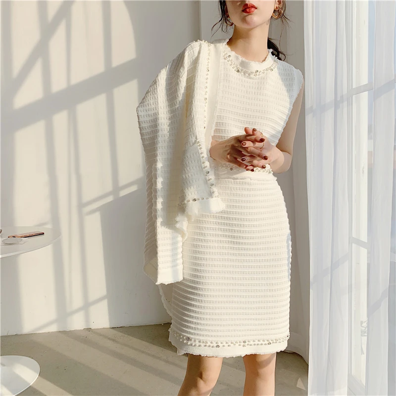 TWOTWINSTYLE лоскутный жемчужный Женский комплект из двух предметов Кардиган с