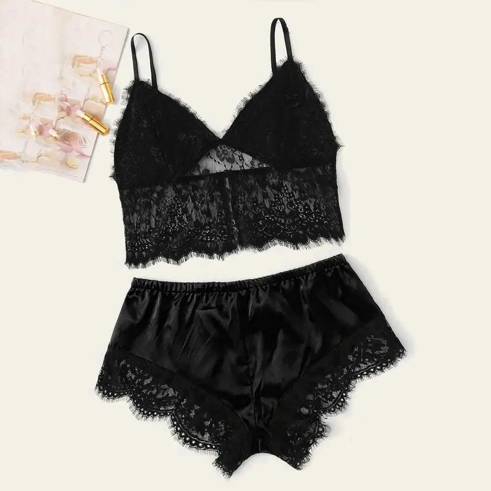 Женский кружевной пижамный комплект размера плюс Атласный топ на бретельках без