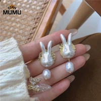 korea fashion drop earrings cute baroque pearl bunny drop earrings for woman girls gifts jewelry korean earrings