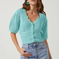 summer fashion elegant women sexy v neck holllow out blouses casual solid color puff sleeves slim buttons cardigan knitted tops