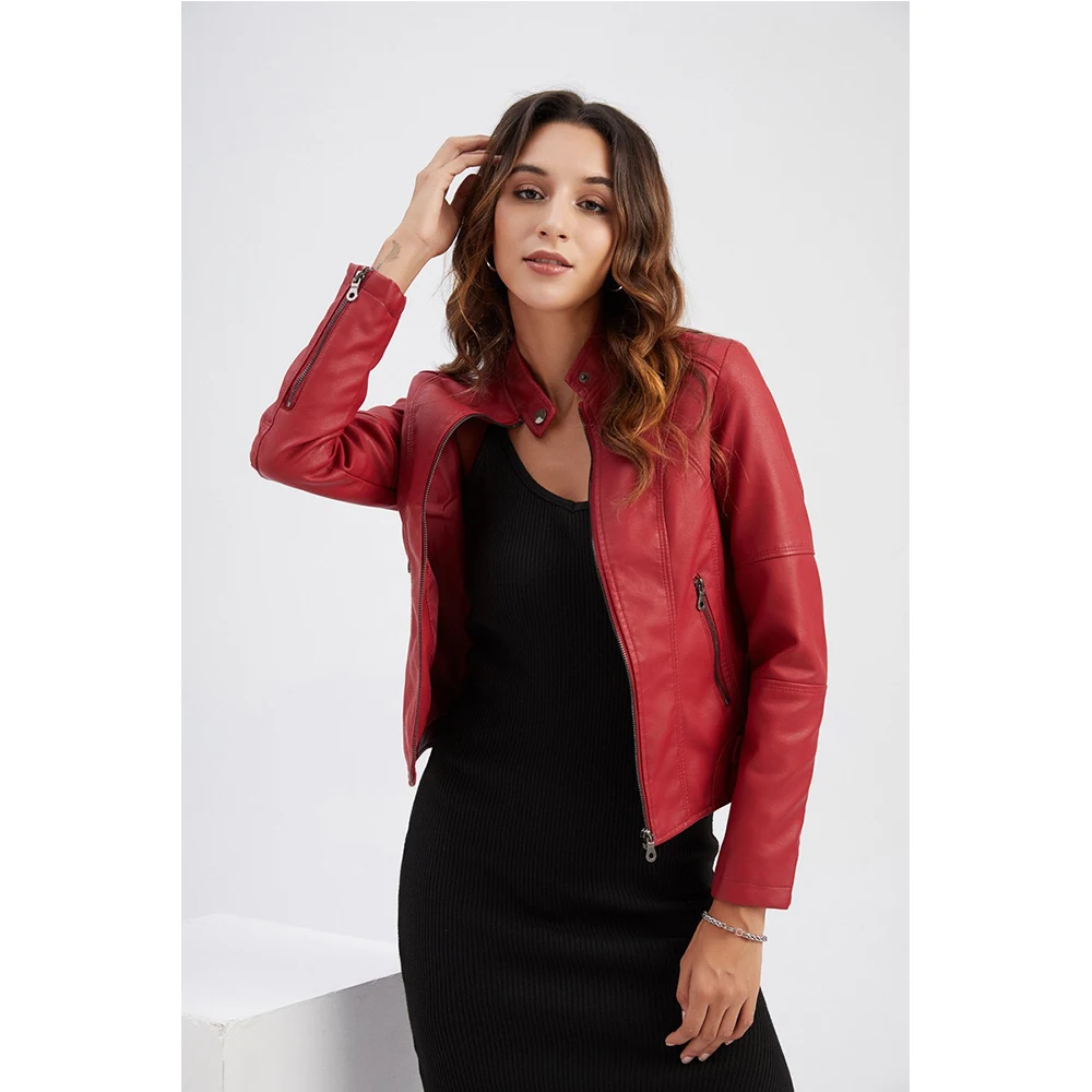 

2021 Women's Leather Slim Jacket Thin Spring and Autumn Jacket Ladies Motorcycle Wear Large Size Stand-up Collar Leather Jacket