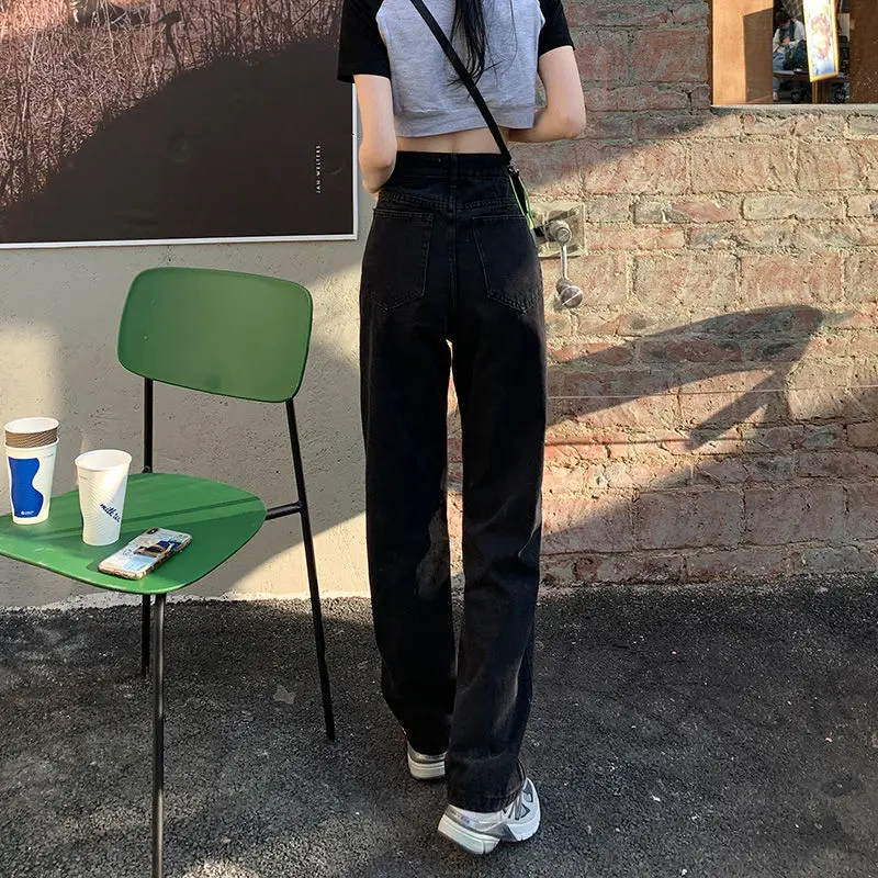 

FAKUNTN Women's 2021Hole Jeans Spring And Autumn New Loose Mop Straight Tube Show Thin High Waist Wide Leg Pants