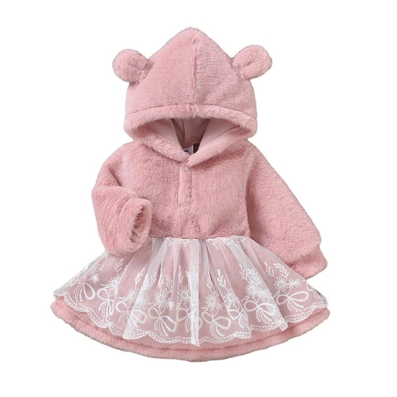 

Bmnmsl Baby Girls Spring Dress Long Sleeve Patchwork Mesh Layer Buttons Hoodie Fall/Winter Plush Sweet Outfits