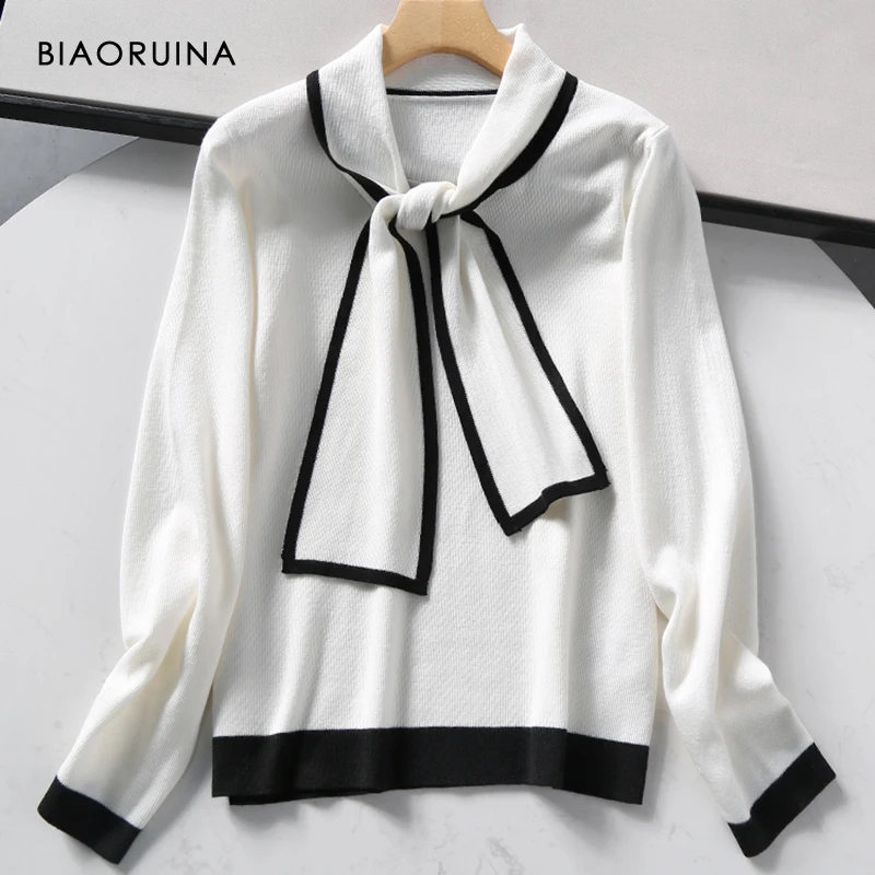 

BIAORUINA Women's Wool Blends French Style Elegant Black White Color Matching Knitted Pullover Bow Tie Collar Classic Sweater