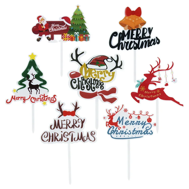 

Merry Christmas Happy Birthday Cake Topper Decoration Card Cartoon Santa Xmas Tree Elk Acrylic Cake Toppers New Year Party Decor