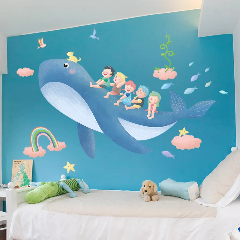 

Creative Cartoon Blue Whale Wall Stickers Bedroom Background Wall Decoration Children's Room Decor Self Adhesive Wall Decals