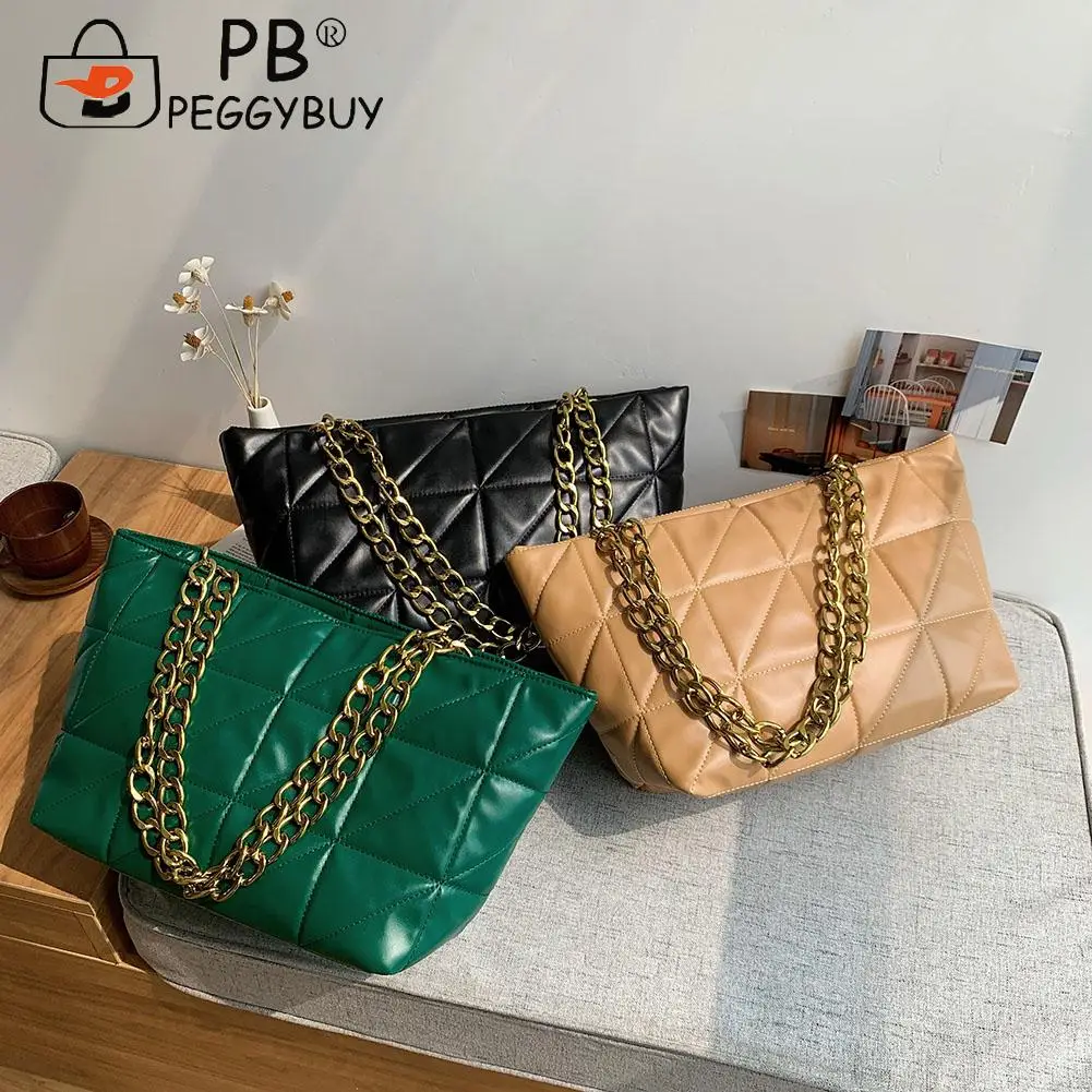 

Fashion PU Leather Geometric Pattern Shoulder Underarm Tote Bag Women Casual All-match Thick Chain Large Capacity Handbags