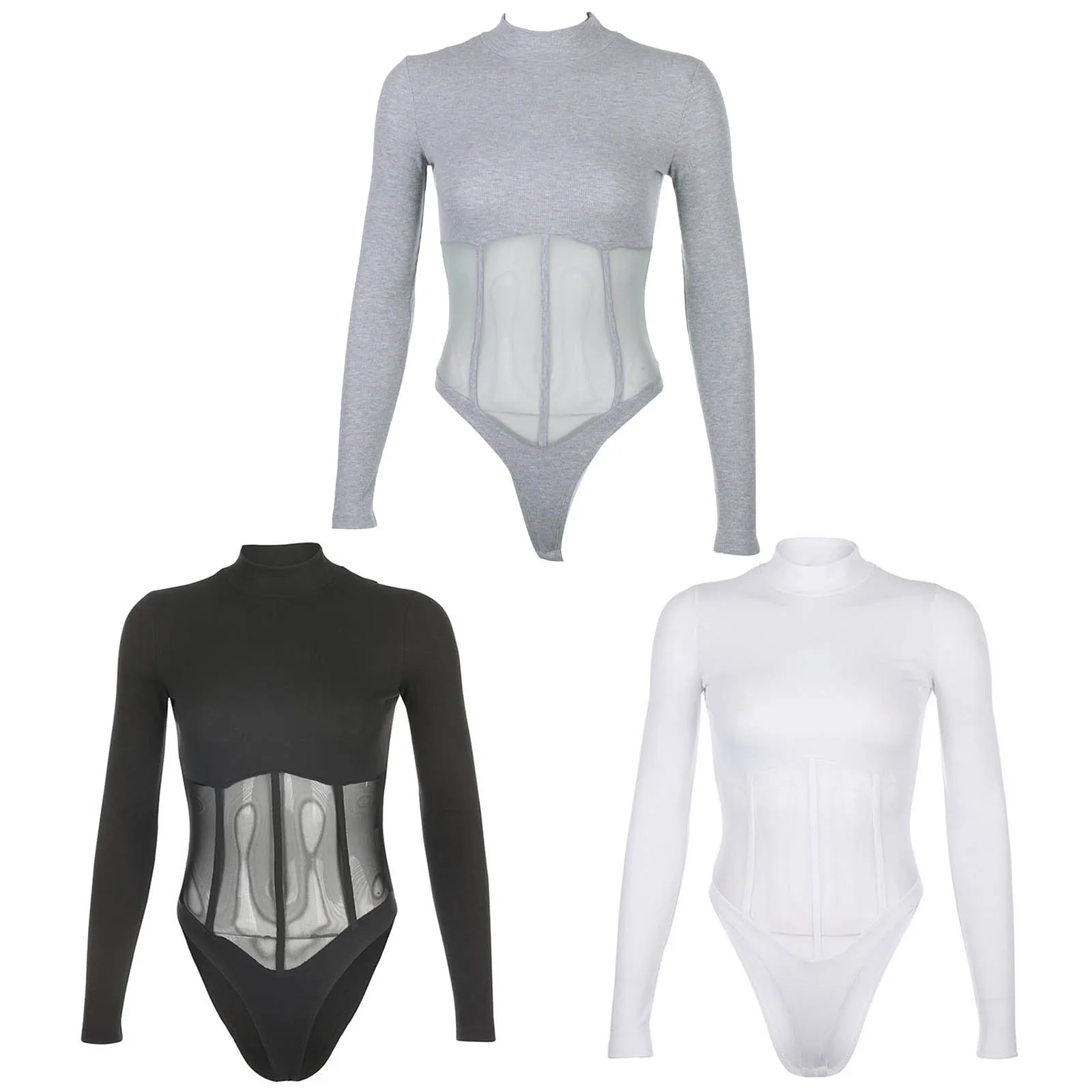 Women One Picecs Bodysuit Sexy Ballet Dance Leotard High Neck Long Sleeve See-through Mesh Slim Fit  Jumpsuit Gym Daily Wear